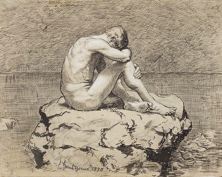 "Thoma Loneliness" by Hans Thoma sketch. A man is crouching on a rock naked, with his arm on his knee.