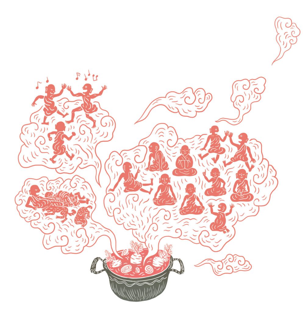 Soup with steams in cloud shape where buddhist monks are doing different things.