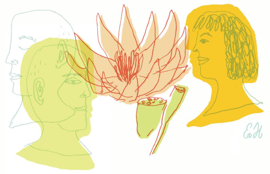 Illustration of a monk and person on either side of lotus flower.