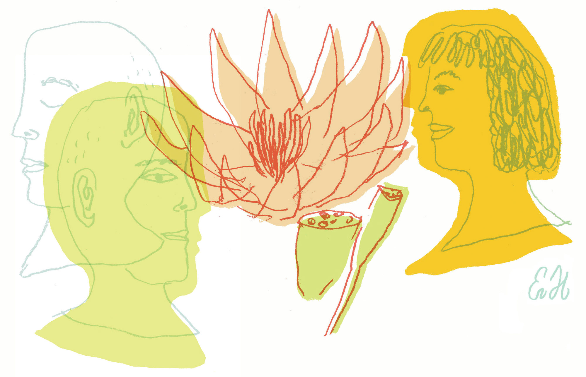 Illustration of a monk and person on either side of lotus flower.