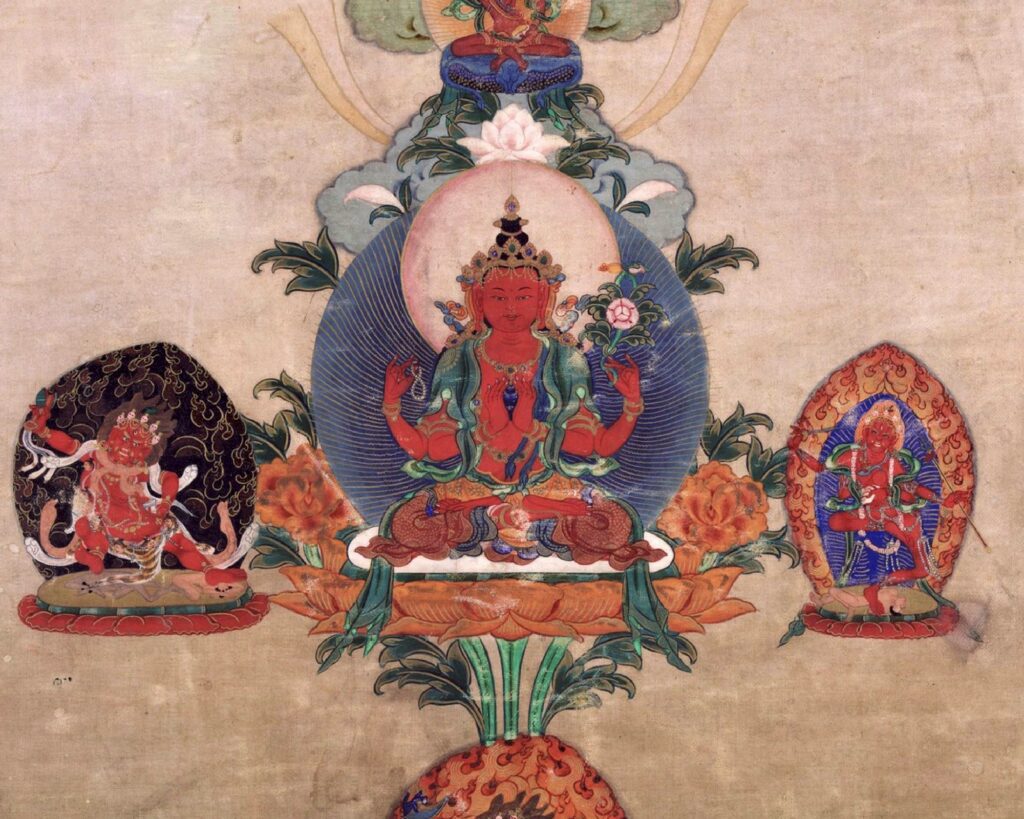 Old painting of Bodhisattva & Buddhist Deity, Ocean of Conquerors, Four Arms, from Rubin Museum of Art.