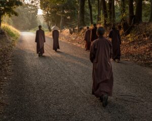 Photo of Thich Nhat Hanh and his fellow monks and nuns walking at sunset