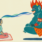 Illustration of a meditator feeding a mara demon.
