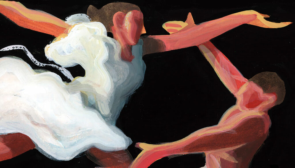 Dancers leap into each others arms.