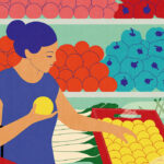 Illustration of a woman picking fruit in the grocery store.