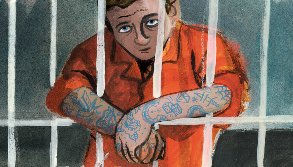 Inmate in orange jumpsuit looks through prison bars.