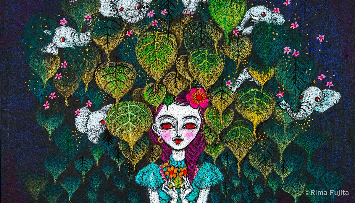 A woman standing under a bodhi leaves, in the tree there are few white elephants poking out of the leaves.