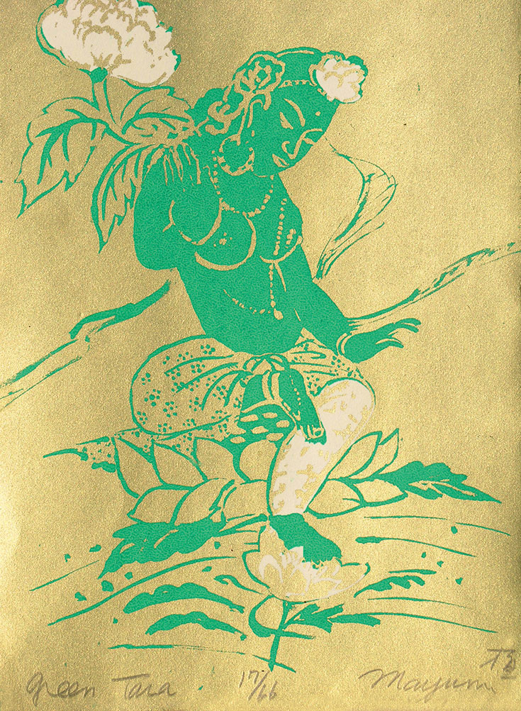 Green Tara silk screen art by Mayumi Oda