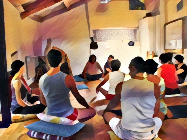 Painting of meditators sitting in a circle.