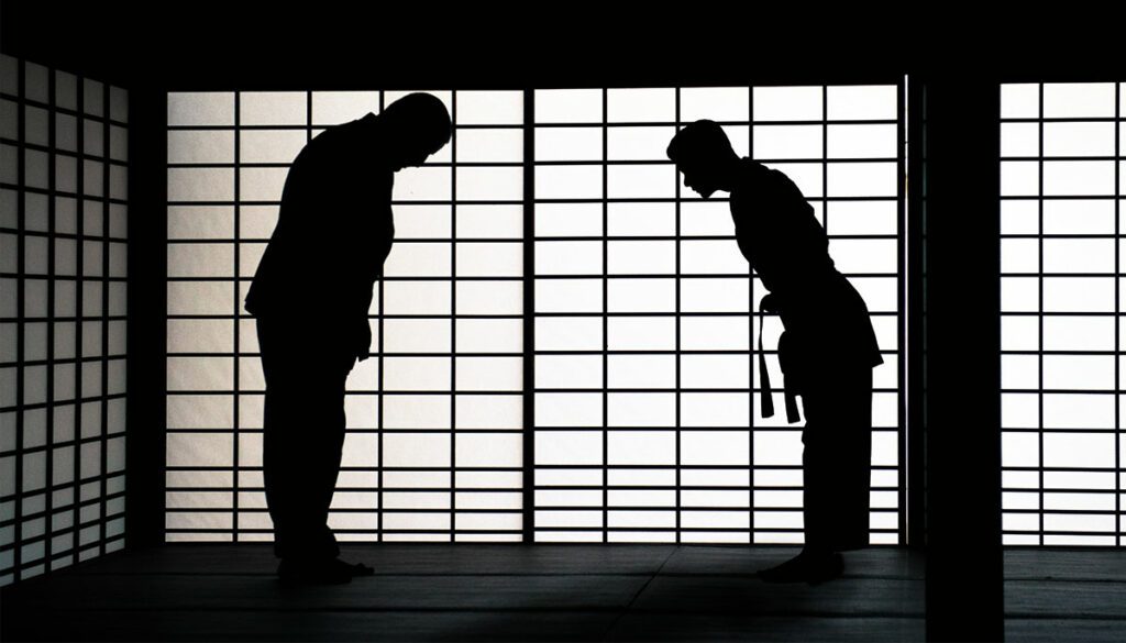 Two figures bow towards each other