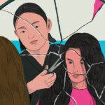 Illustration of woman getting haircut, looking in a broken mirror.