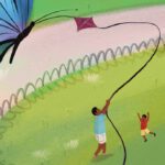 Watercolor illustrations of a parent and child playing with a kite while a butterfly flies above