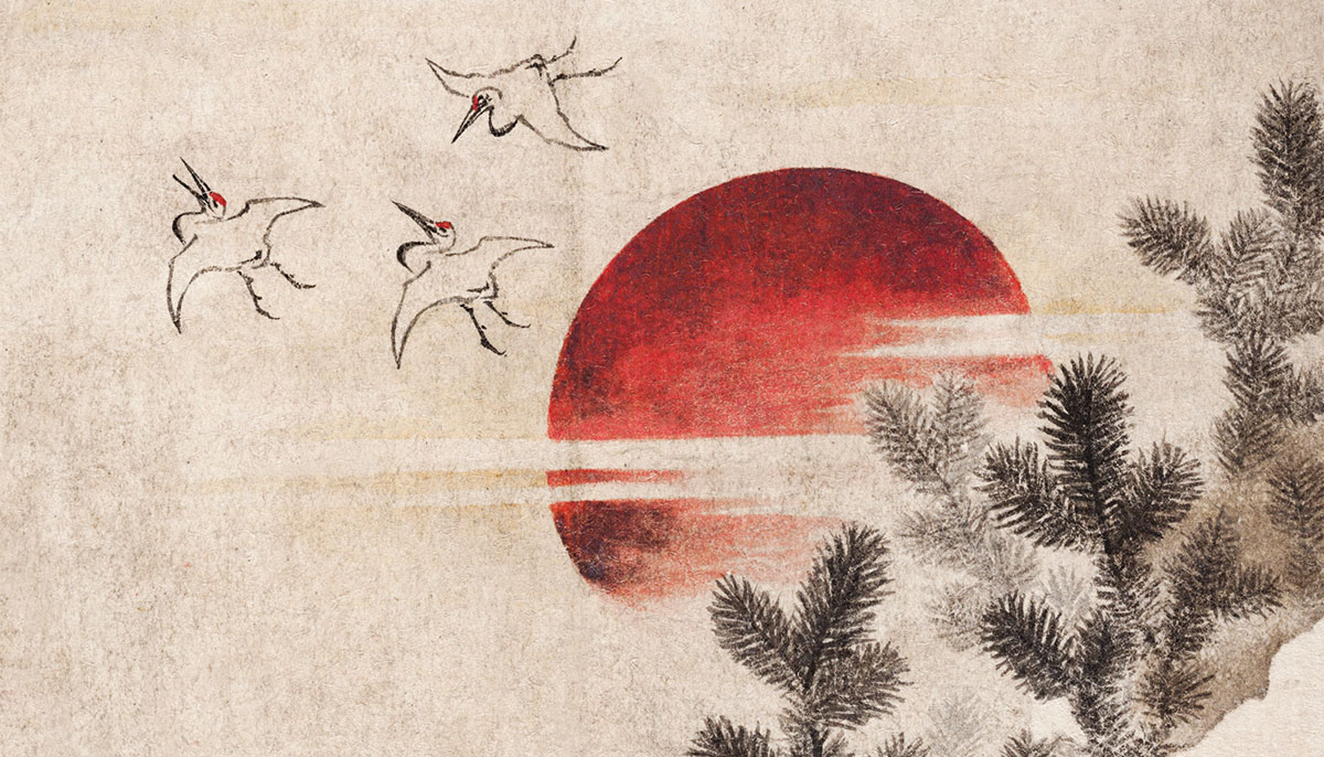 Japanese classical painting by Hokusai of cranes flying at sunset.