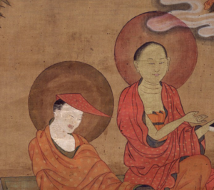 Nagarjuna, Arya along with the disciple Aryadeva, retrieving the Prajnaparamita Sutra from the Naga Realm, Eastern Tibet, 1800–1899. Unidentified artist, Rubin Museum of Art. Item no. 174.