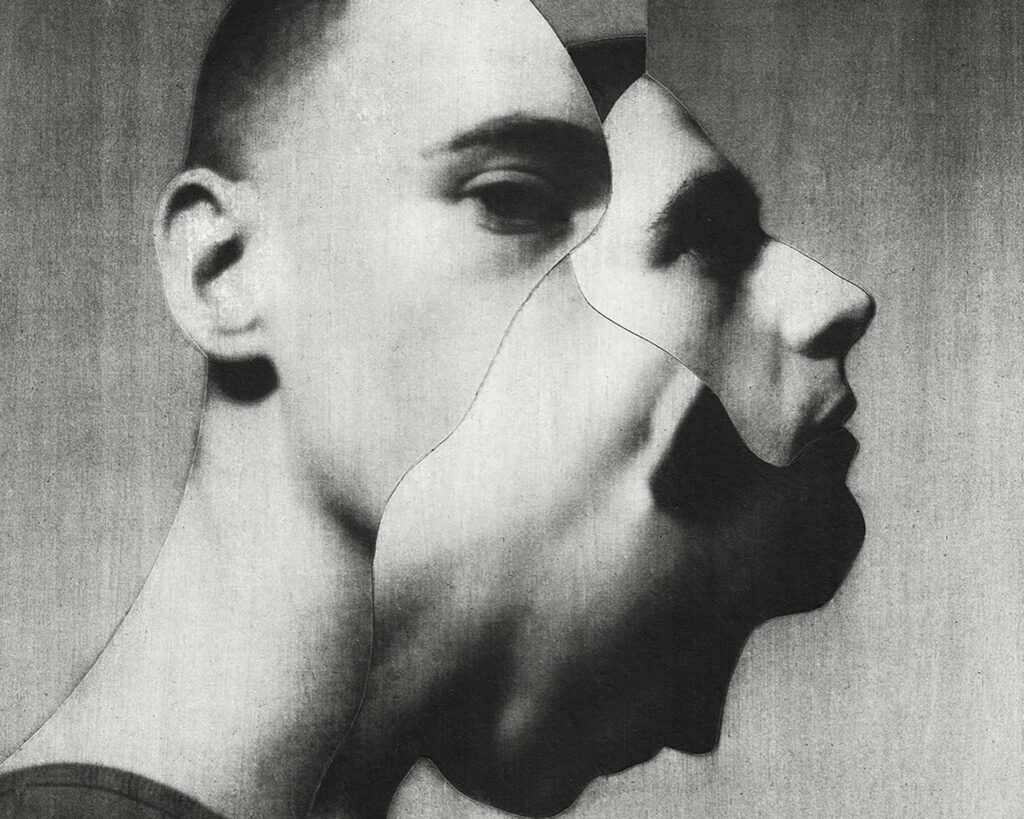 A collage whose pieces comprise an abstract human face