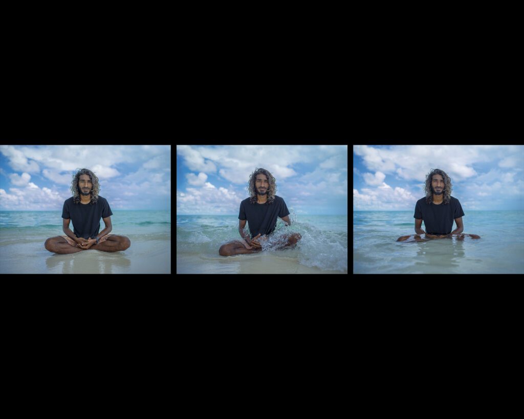 A triptych of photos depict a man sitting in a meditation posture as water rises around him