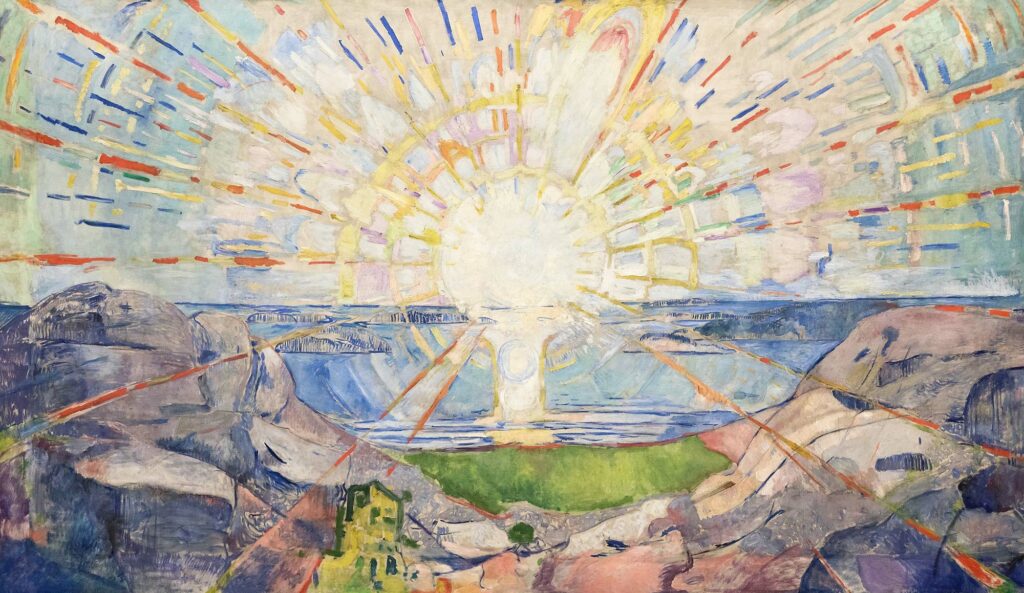 Painting of a bright sunshine over the horizon by Edvard Munch