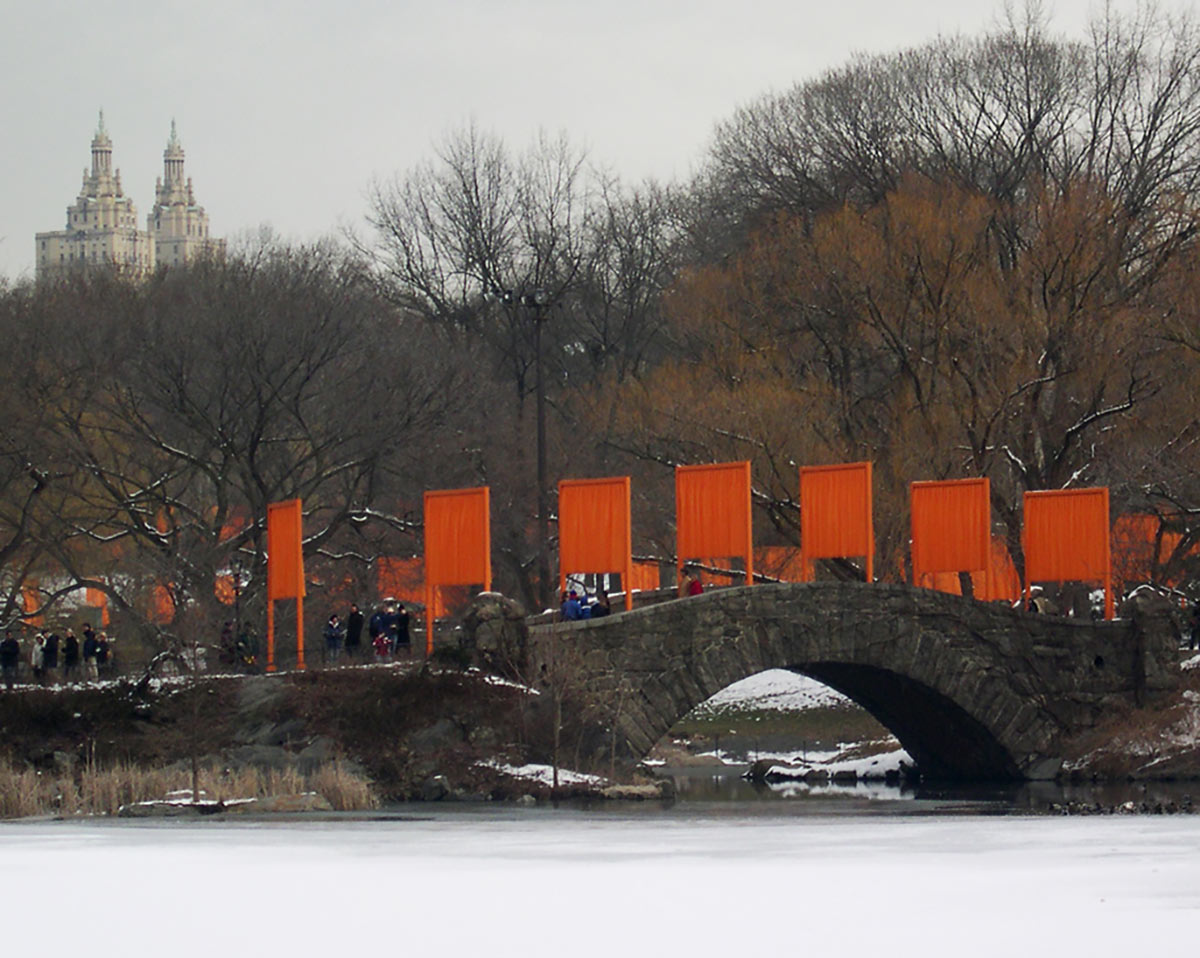 A photo of The Gates, a New York City art installation by Christo and Jeanne Caudeby.