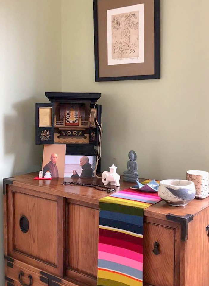 Handmade Buddhist alter/butsudan, made from scrap wood and painted with shoe polish in one of the camps.
