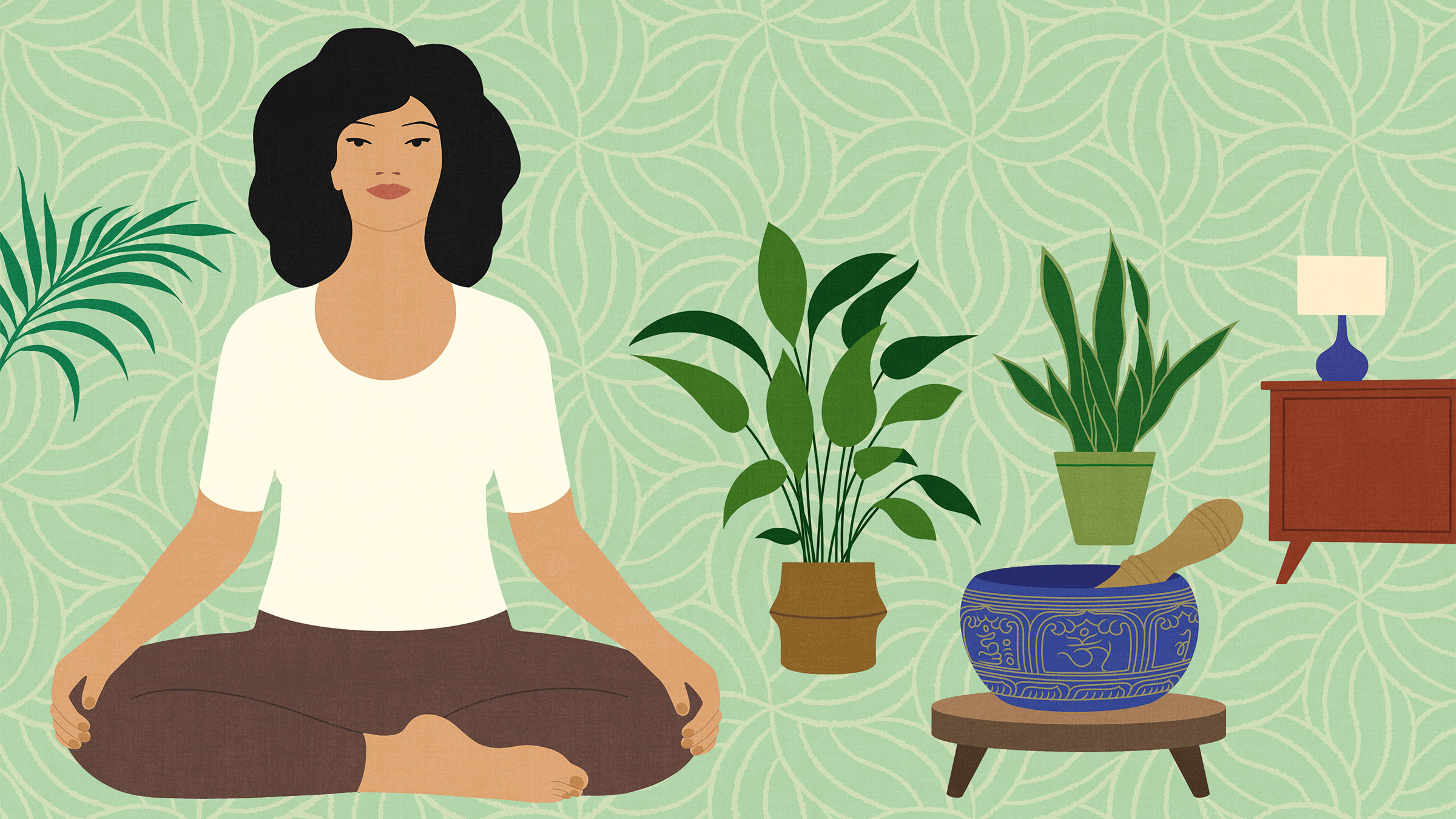 Illustration of woman meditation beside potted plants
