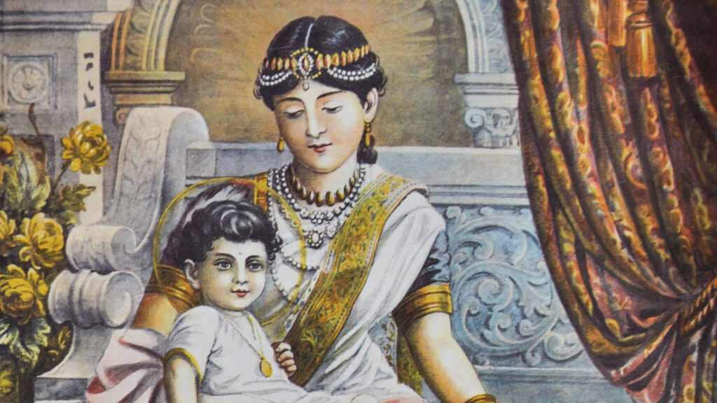 Painting of mother and daughter sitting on bench.