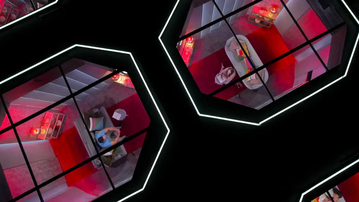 overhead view of two pods, a man and woman sitting in each pod.