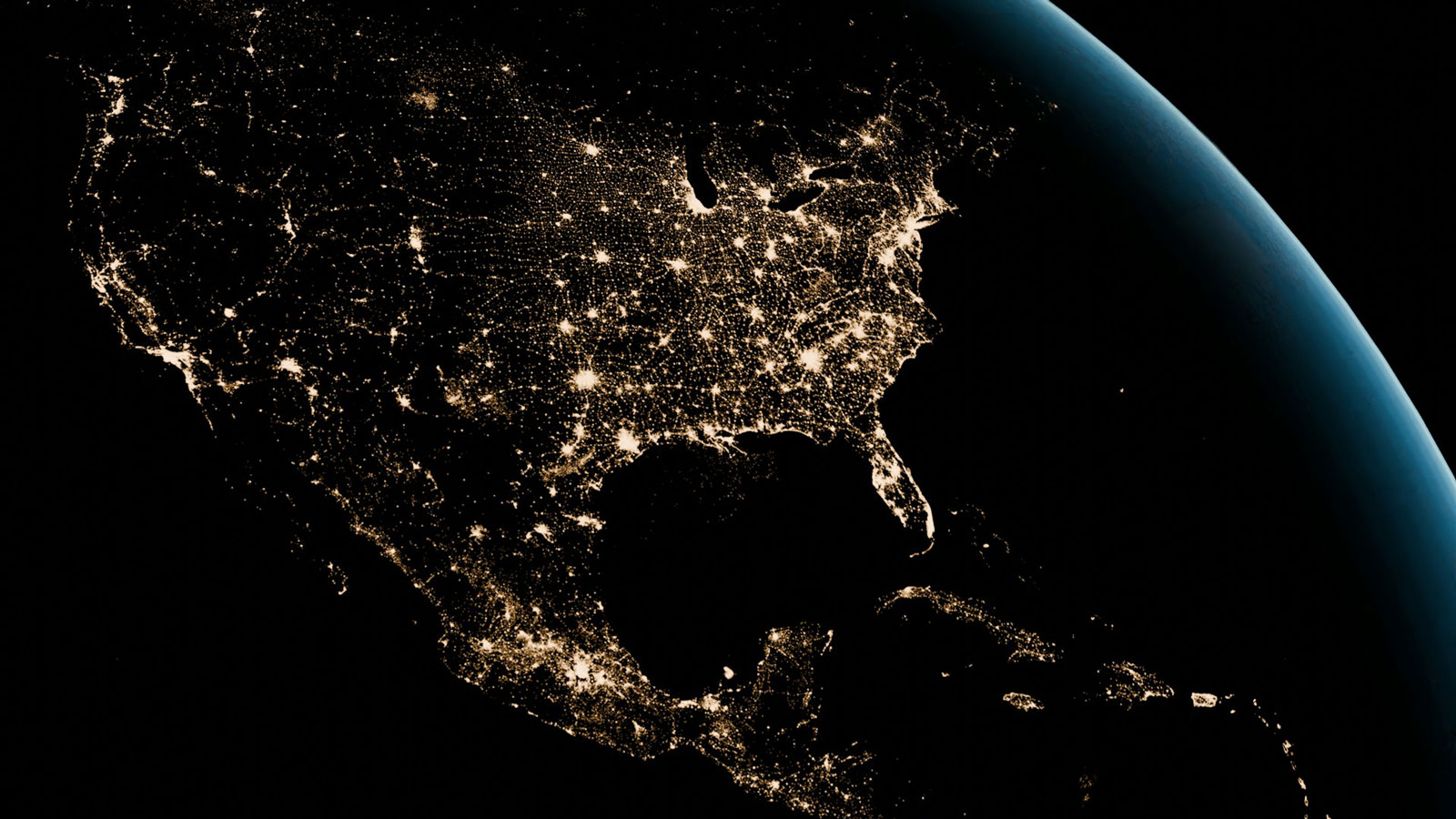 North America with City Lights at Night. 3D Render.