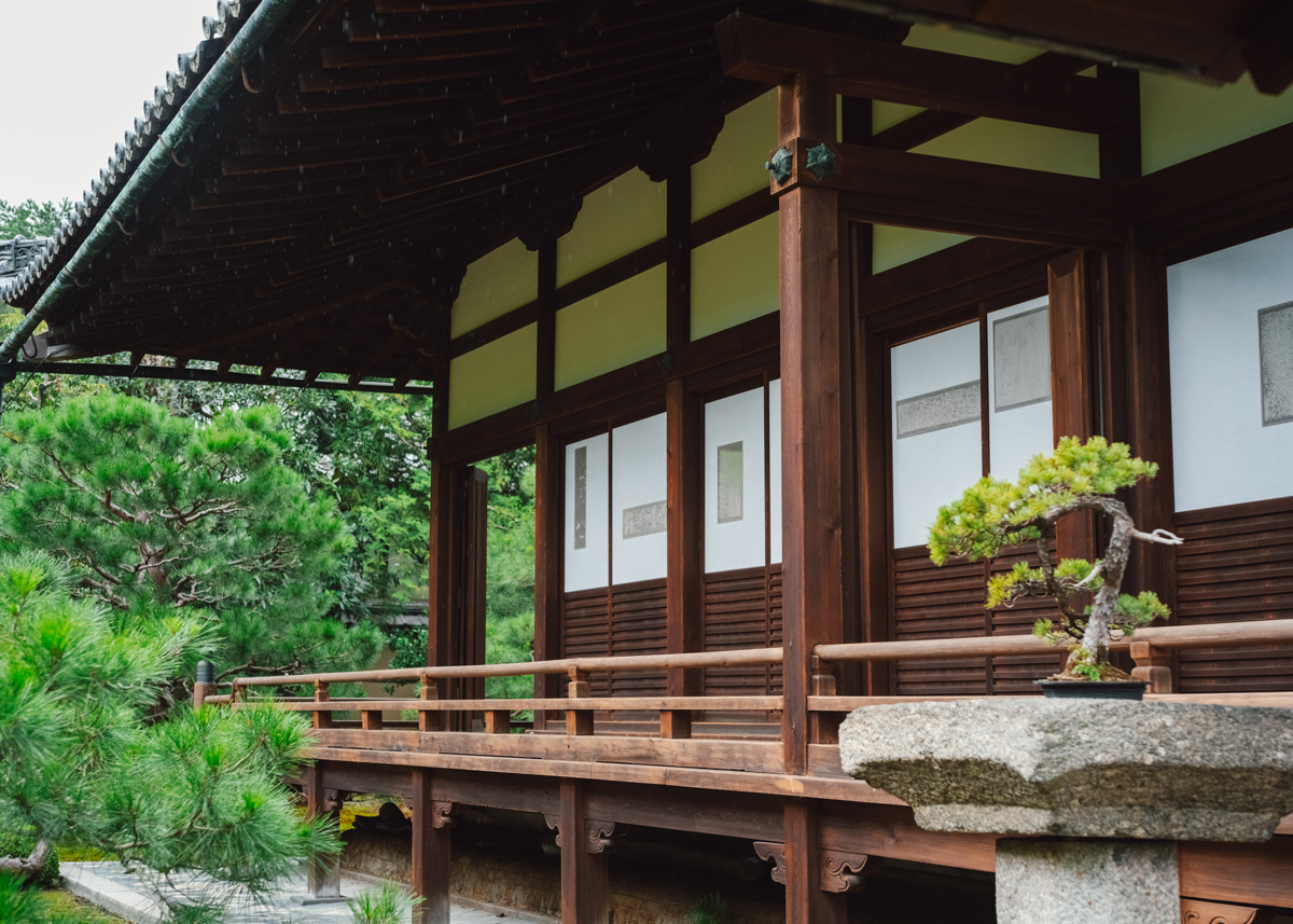 View of open veranda at Ryosokuin Temple, Kyoto Japan.